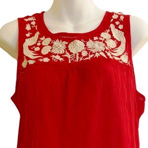 Lucky Brand Woman Red White Embroidered Boho Sleeveless Top Sz S Small